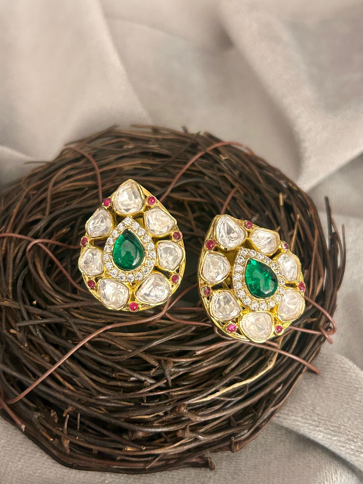 Teardrop Green Kundan Stud Earrings with Ruby Accents